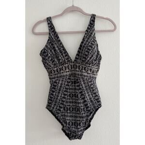 Miraclesuit Black White Gold Geometric Print Low Cut One Piece Swimsuit Size 8